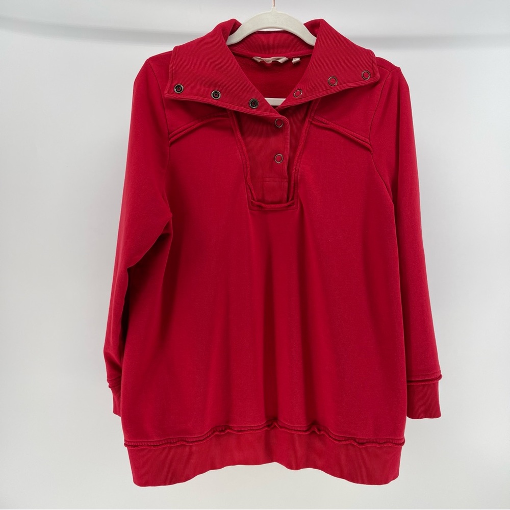 Soft Surroundings Snap Funnel Neck Long Sleeve Sweatshirt in Red, Large Petite